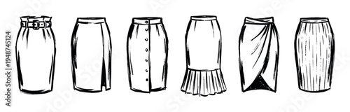 Collection of various hand-drawn women's skirt designs, showcasing different styles like pencil, A-line, pleated, and wrap skirts in a fashion illustration.