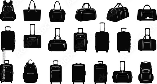 Travel bag and luggage silhouette collection including backpacks, handbags, duffel bags and rolling suitcases isolated vector set for tourism, travel gear, and transportation concept