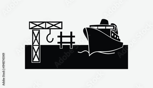 Cargo Ship at Harbor with Crane Silhouette, Industrial Seaport Dock Vector Illustration