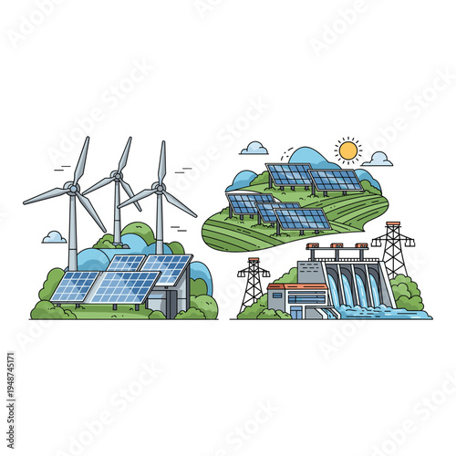 Set of 3 renewable energy icons vector, solar panels, wind turbines, hydroelectric dam