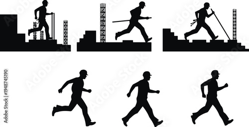 Set of silhouettes of running construction workers on building site, industrial laborers in motion, safety helmets, isolated on white background.