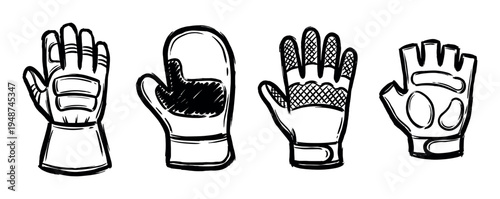 Four hand-drawn sketch style illustrations depict various types of protective gloves, including sports and work designs for safety and activity.