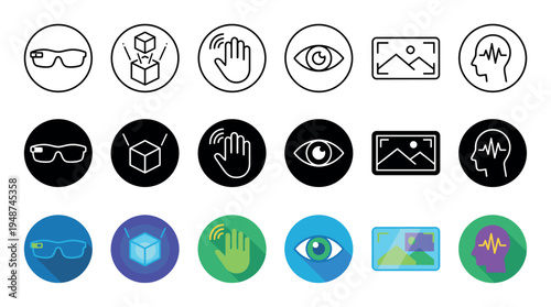 Set of augmented and virtual reality technology icons illustrating smart glasses, 3D objects, hand gestures, eye tracking, and brain activity.