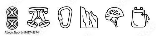 Collection of outline icons representing essential rock climbing and mountaineering equipment for outdoor adventure sports.