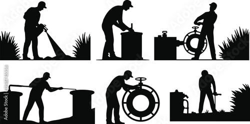 Silhouettes of utility workers performing maintenance tasks, industrial laborers operating valves and equipment, technical service team isolated on white background.