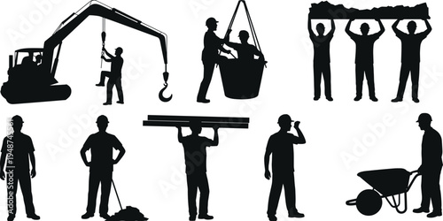 Silhouettes of construction workers set with heavy machinery and tools, building site laborers with crane and wheelbarrow, isolated on white.