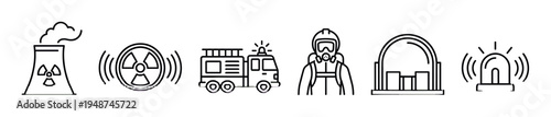 Set of outline icons representing various emergency situations and hazardous elements, including nuclear power, radiation, fire, and safety equipment.