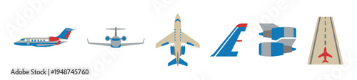 Collection of flat design airplane icons and aviation elements including a jet, engines, and a runway on a white surface.