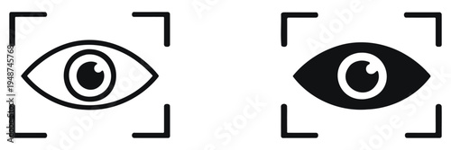 Two stylized eyes are framed by square brackets resembling camera viewfinders creating a focused watchful image silhouette high quality professional detailed