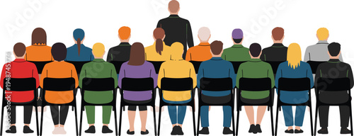 Audience Sitting in Rows Illustration, Back View of People at Seminar, Business Presentation Meeting, Conference Crowd, Educational Workshop Attendees, Professional Group Seating Vector.
