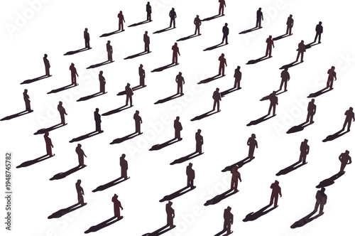 Aerial view of many people silhouettes standing in grid pattern with long shadows, social distancing or crowd concept isolated on white background.