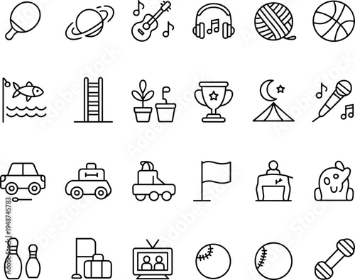 Sports and leisure icons in black and white with activities and objects Keywords: sports icon, leisure icon, activity icon