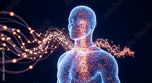 Digital representation of a human body with glowing data particles and energy waves, symbolizing technology and consciousness.