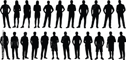 Black silhouette of people standing in two rows, diverse men and women collection, isolated human figures on white background, vector set.