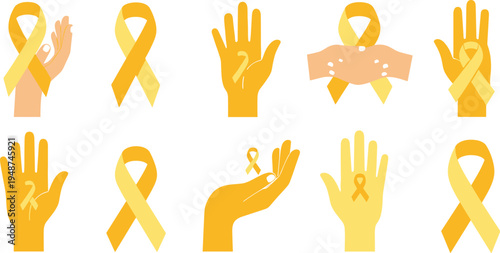 Childhood Cancer Awareness Ribbon Icon Set with Yellow Ribbons and Support Hands Symbols for Hope, Solidarity, Medical Awareness Campaign Design