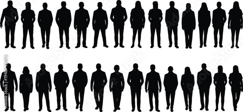 Diverse group of people silhouettes standing and walking, men and women human shadow figures isolated on white background, teamwork concept
