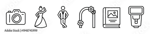 Set of outline icons representing photography and event concepts, including a camera, dancing figures, a floral arch, a photo album, and a flash.