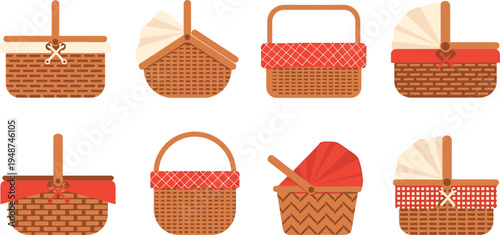 Picnic Basket Icon Set with Wicker Baskets, Fabric Covers and Handles Outdoor Food Container Collection for Picnic, Camping and Summer Recreation Design