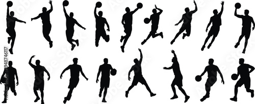 Large collection of basketball player silhouettes in various action poses like dunking, dribbling, and jumping, isolated on white background vector.