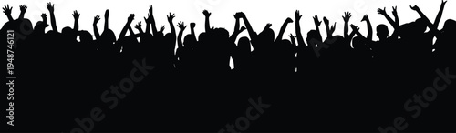 Silhouette of a large crowd of people cheering with hands raised at a concert or sports event, isolated on white background.