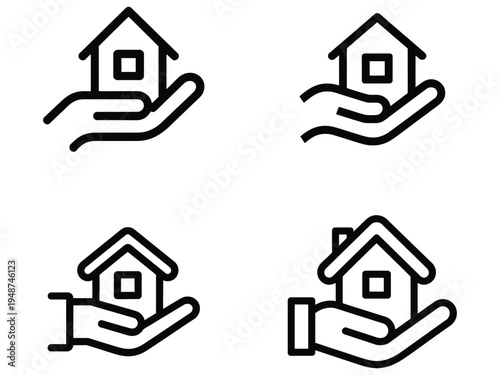Home protection and real estate security icons with house and hand care symbols