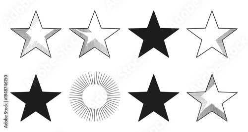 Collection of Stars and a Sunburst in Black and White