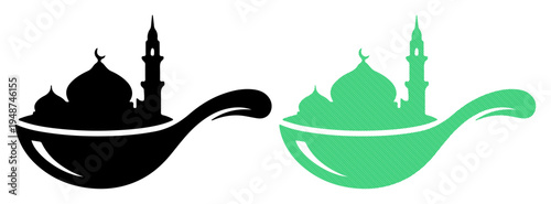 Mosque silhouette nestled within a spoon, symbolizing Islamic culture and cuisine