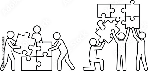 Teamwork puzzle concept illustration, people assembling jigsaw pieces together, collaboration teamwork strategy, business partnership problem solving line icon vector