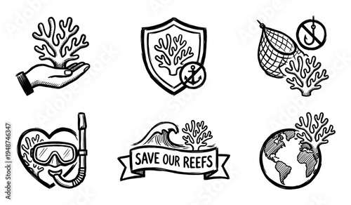 Hand-drawn coral reef conservation icons illustrate various aspects of marine protection and environmental awareness.