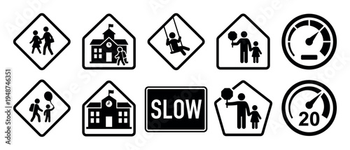 Collection of black and white icons depicting school safety, children's activities, and speed limit warnings.