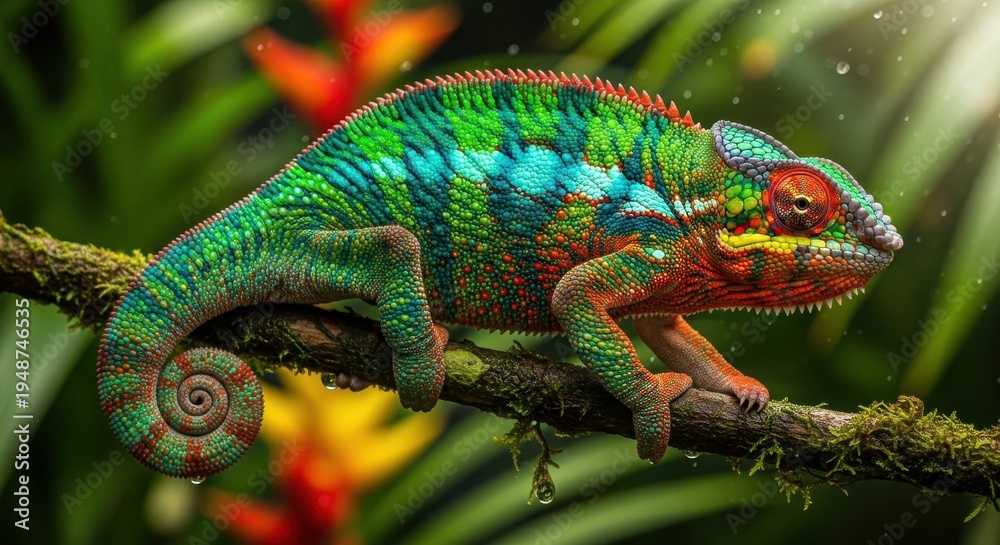 Fototapeta premium Vibrant Chameleon Perched on Branch in Lush Greenery.