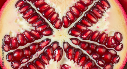 Pomegranate fruit cut open showing seeds.
