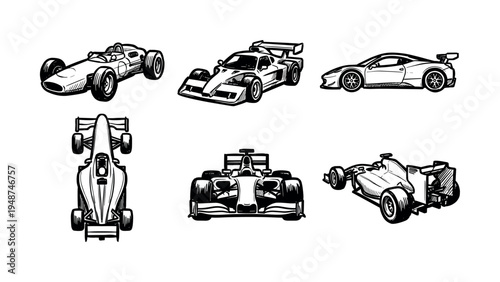 Collection of hand-drawn race car illustrations showcasing various types of high-performance vehicles from different perspectives.