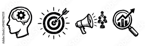 Hand-drawn business strategy icons illustrating planning, targeting, communication, and analytical growth concepts.