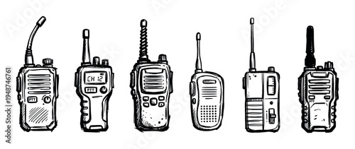 Collection of hand-drawn sketch illustrations depicting various models of walkie-talkie radios, showcasing two-way communication devices.