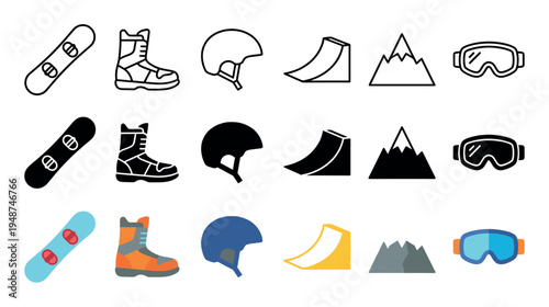 Set of snowboarding equipment icons, featuring snowboards, boots, helmets, ramps, mountains, and goggles, depicted in outline, solid, and colorful graphic styles.