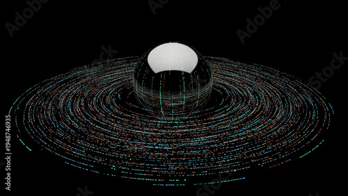 Abstract black sphere with digital ripple waves, futuristic data concept