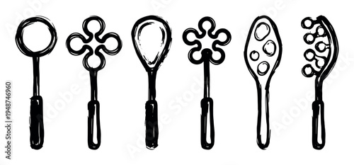 Collection of six hand-drawn kitchen utensils with various shapes, rendered in a bold, artistic brush stroke style.