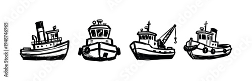 Four distinct hand-sketched small boats, including tugboats and fishing vessels, presented in a monochrome style.