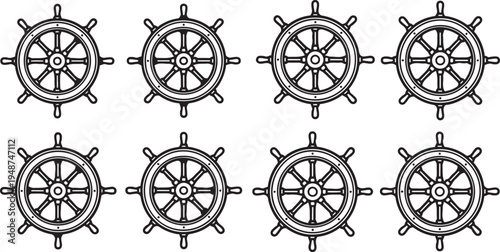 Eight detailed ship steering wheels arranged in two rows of four Vector