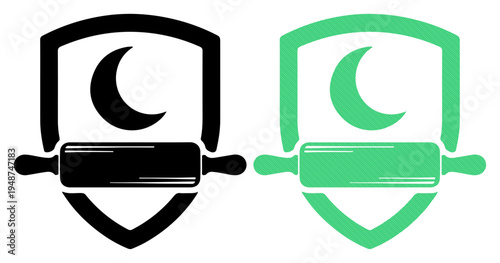 Crescent moon and rolling pin emblem in shield shape, symbolizing culinary night or baking protection