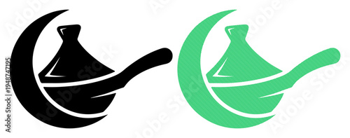 Stylized crescent moon embracing a tagine pot in black and green