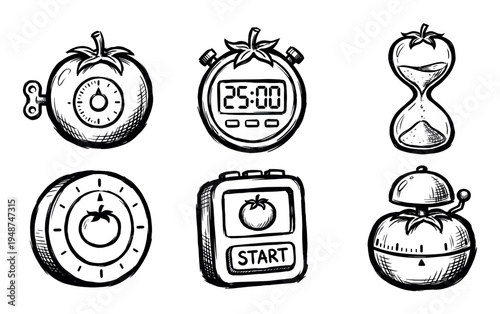 Collection of hand-drawn pomodoro timers depicting various timekeeping devices and productivity tools.