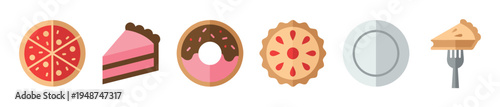 Various sweet dessert icons in a flat design style, featuring a whole pie, cake slice, donut, tart, and a pie slice on a fork.