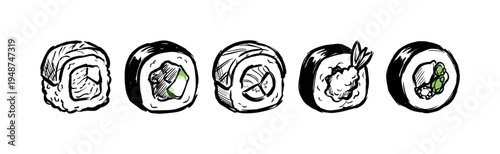 Collection of five hand-drawn sushi rolls, showcasing various types of Japanese cuisine with artistic sketch details.