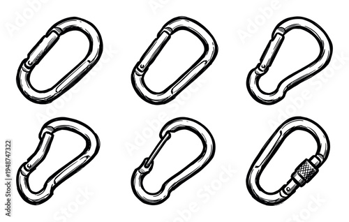 Six different hand-drawn style carabiners are depicted, showcasing various designs for climbing and safety equipment.
