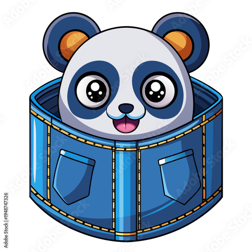 A cartoon panda bear peeking out of a blue jeans pocket with a playful expression