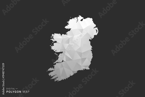 Ireland Map - Polygon style vector illustration in black, gray and white low poly geometric design, minimal silhouette, isolated for infographic.