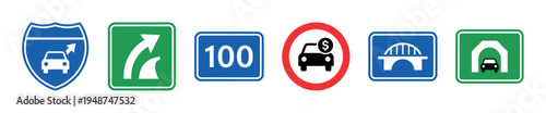 Collection of various road signs including highway, merge, speed limit, toll, bridge, and tunnel symbols for transportation guidance.