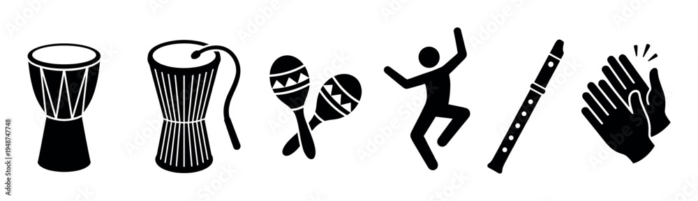 Fototapeta premium Monochromatic collection of musical instrument and celebration icons featuring drums, maracas, a dancer, and rhythmic clapping hands.